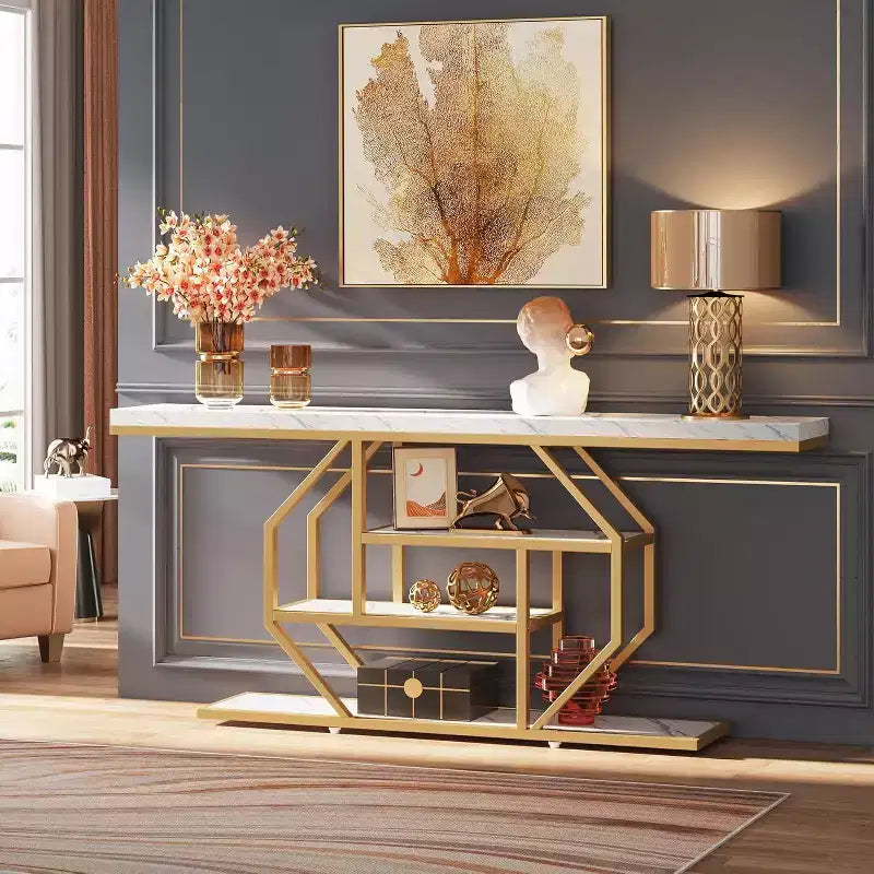 Lantine 70.9-Inch Extra Long Console Table, Modern Gold Sofa Table with 4-Tier Storage for Living Room, Hallway, Entrance, Faux Marble White