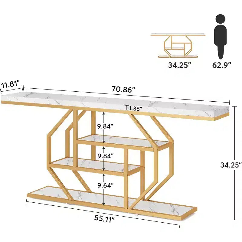 70.9-Inch Extra Long Console Table with 4-Tier Storage, Gold Frame & Faux Marble White Top, Living Room or Hallway