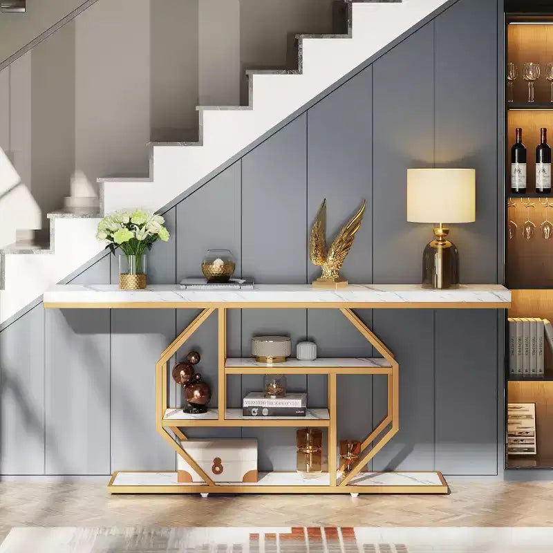 70.9-Inch Extra Long Console Table with 4-Tier Storage, Gold Frame & Faux Marble White Top, Living Room or Hallway