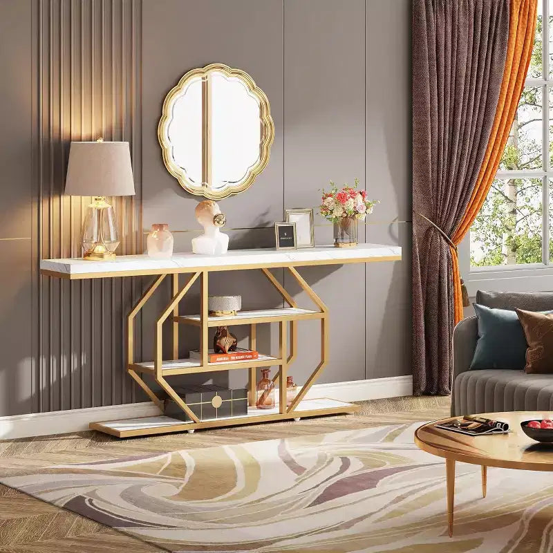 70.9-Inch Extra Long Console Table with 4-Tier Storage, Gold Frame & Faux Marble White Top, Living Room or Hallway