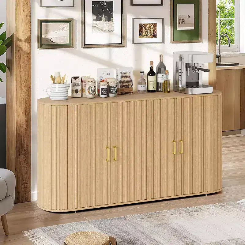 63 Oak Fluted Sideboard Buffet Cabinet, Modern Curved Credenza with Adjustable Shelves, Multipurpose Wood Storage Cabinet for Dining/Living Room