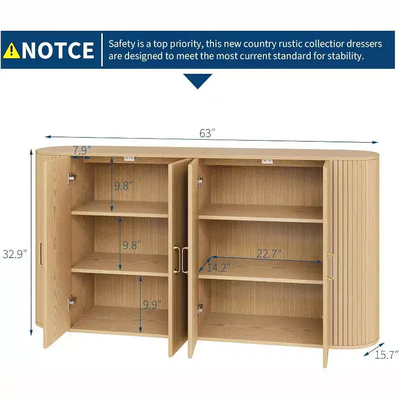 63 Oak Fluted Sideboard Buffet Cabinet, Modern Curved Credenza with Adjustable Shelves, Multipurpose Wood Storage Cabinet for Dining/Living Room