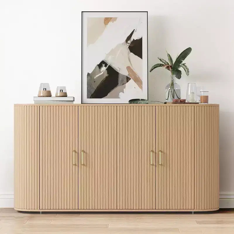 63 Oak Fluted Sideboard Buffet Cabinet, Modern Curved Credenza with Adjustable Shelves, Multipurpose Wood Storage Cabinet for Dining/Living Room