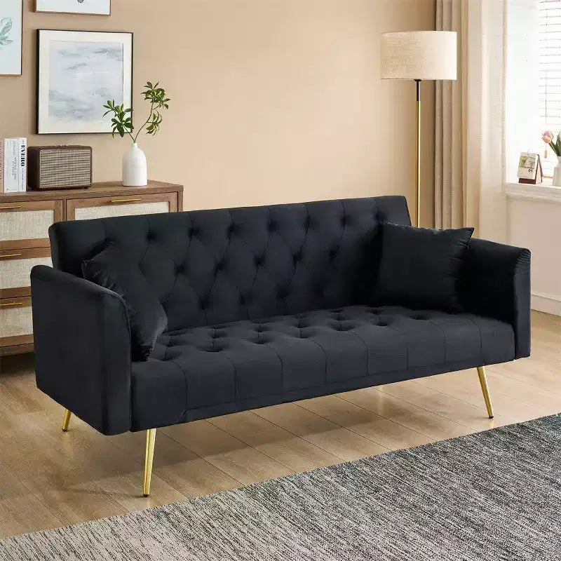 American Style Button Tufted Convertible Sofa Bed with Adjustable Back, Velvet Upholstered Sleeper Couch for Living Room or Apartment