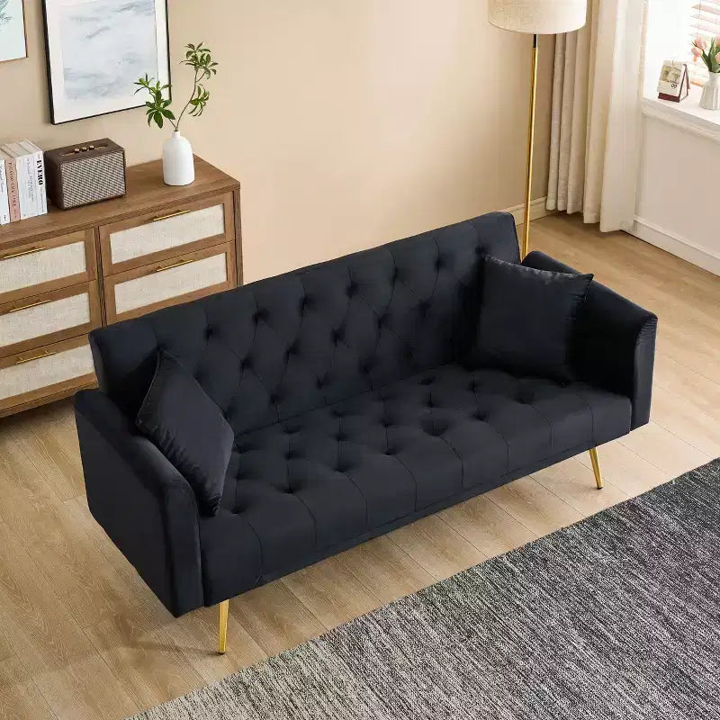 American Style Button Tufted Convertible Sofa Bed with Adjustable Back, Velvet Upholstered Sleeper Couch for Living Room or Apartment