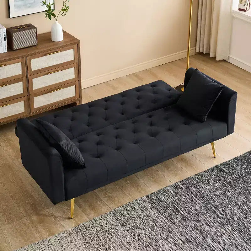 American Style Button Tufted Convertible Sofa Bed with Adjustable Back, Velvet Upholstered Sleeper Couch for Living Room or Apartment