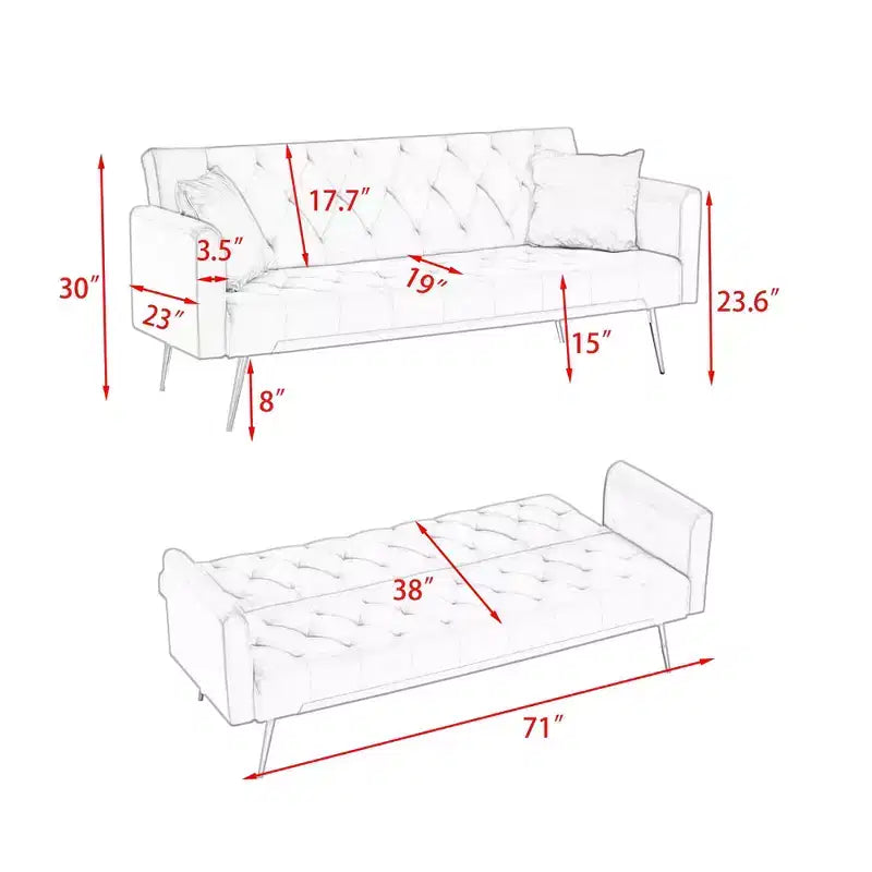 American Style Button Tufted Convertible Sofa Bed with Adjustable Back, Velvet Upholstered Sleeper Couch for Living Room or Apartment