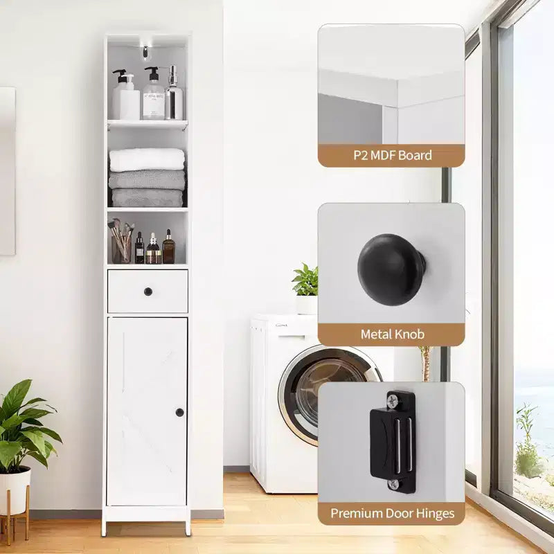 Tall Bathroom Storage Cabinet, Narrow Slim Freestanding Cabinet , Floor Storage Organizer for Small Spaces, Living Room, Kitchen, Entryway