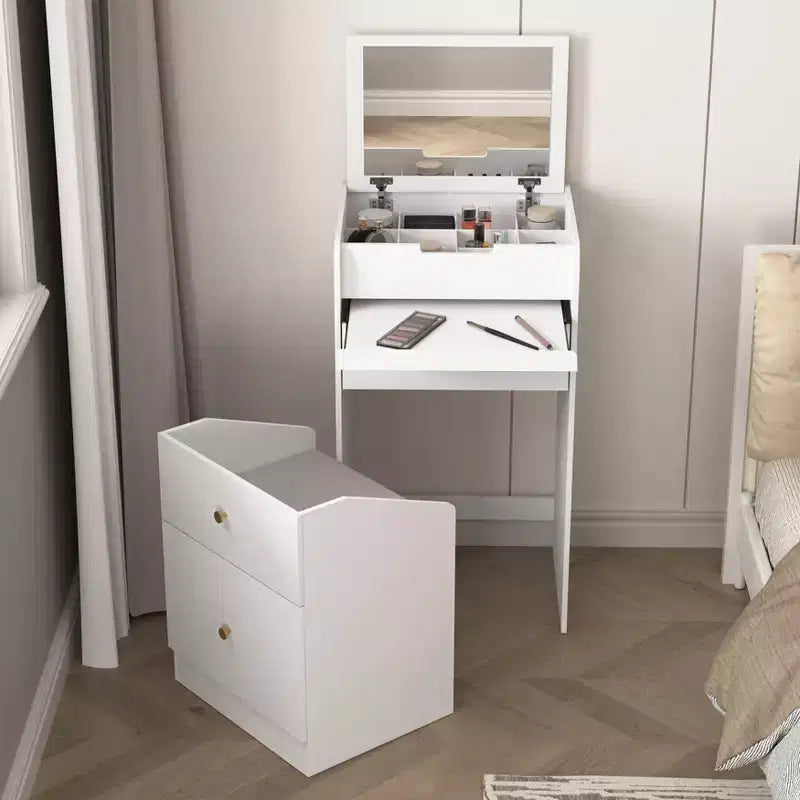 Makeup Vanity Desk with Mirror, Small Makeup Vanity Set with Storage Compartment, 2 Drawers & Hidden Stool, Modern Space-Saving Dressing Table