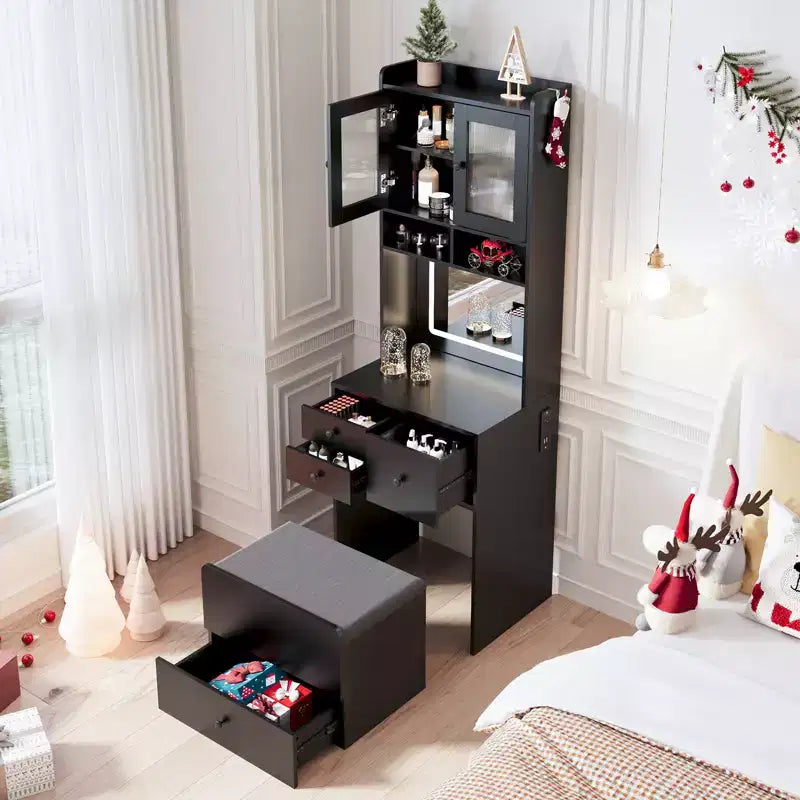 Compact Vanity, Make Up Vanity Desk with Mirror and Lights, White Vanity Table Set with Charger Station,Girls Small Vanity and Storage Chair