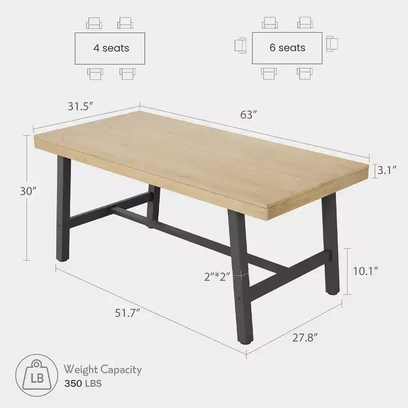 Industrial Rectangular Dining Table, Rustic Wood & Metal Design for Kitchen or Dining Room, Seats 4-6