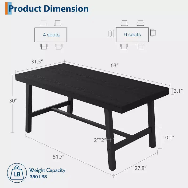Industrial Rectangular Dining Table, Rustic Wood & Metal Design for Kitchen or Dining Room, Seats 4-6