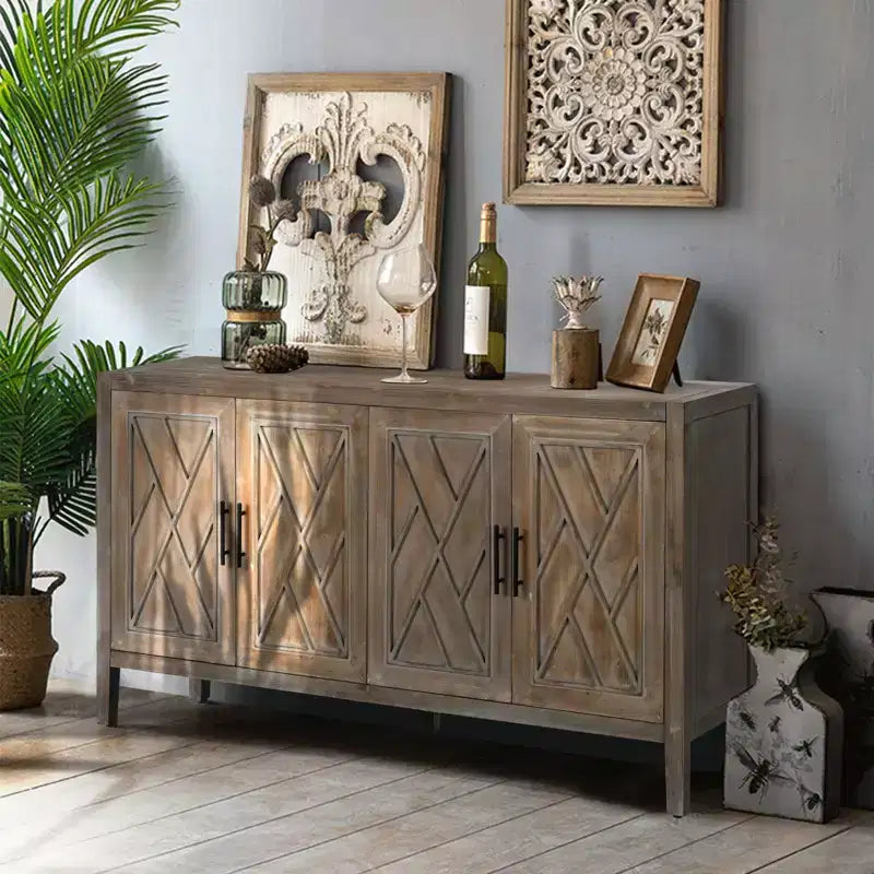 60-Inch Modern Farmhouse Sideboard Buffet, 4-Door Geometric Patterned Accent Storage Cabinet with Adjustable Shelves