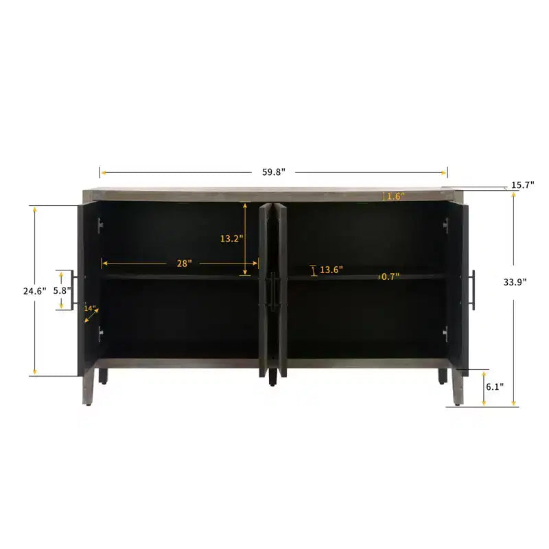 60-Inch Modern Farmhouse Sideboard Buffet, 4-Door Geometric Patterned Accent Storage Cabinet with Adjustable Shelves