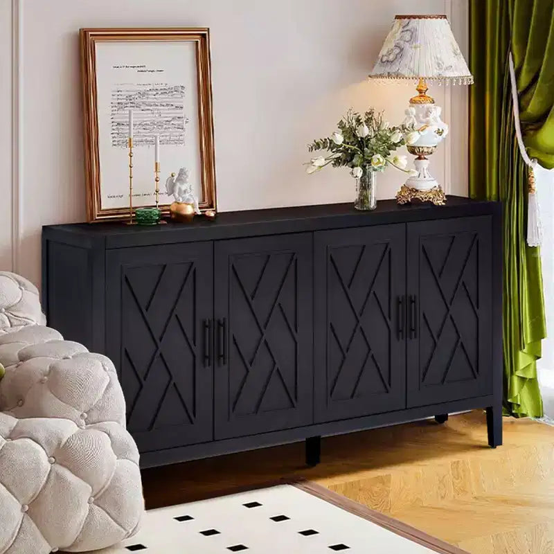 60-Inch Modern Farmhouse Sideboard Buffet, 4-Door Geometric Patterned Accent Storage Cabinet with Adjustable Shelves