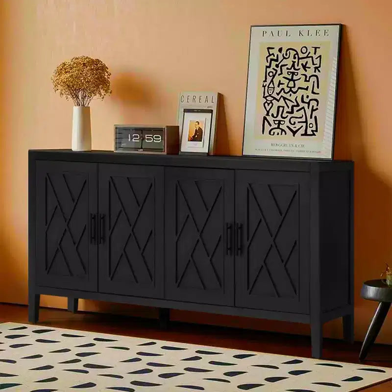 60-Inch Modern Farmhouse Sideboard Buffet, 4-Door Geometric Patterned Accent Storage Cabinet with Adjustable Shelves