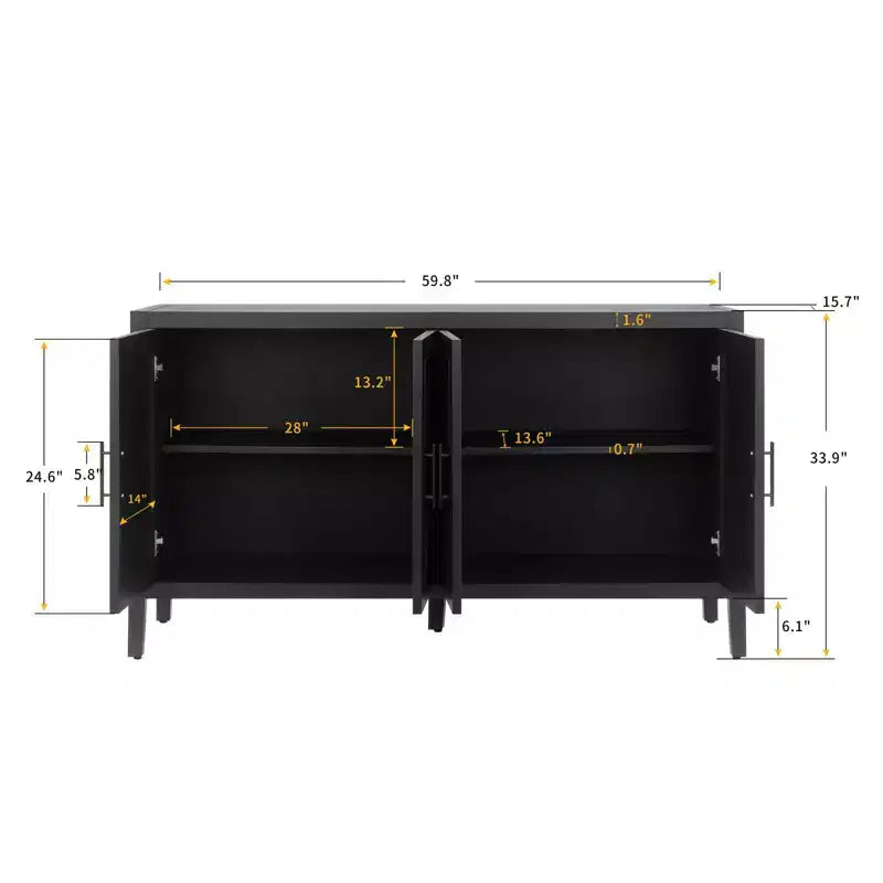 60-Inch Modern Farmhouse Sideboard Buffet, 4-Door Geometric Patterned Accent Storage Cabinet with Adjustable Shelves