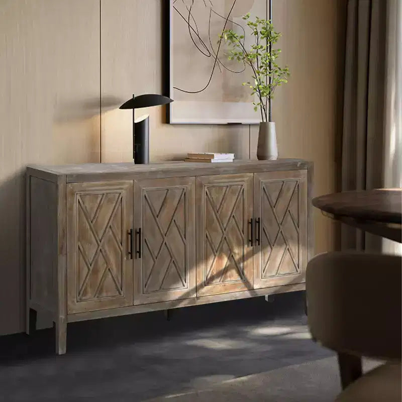 60-Inch Modern Farmhouse Sideboard Buffet, 4-Door Geometric Patterned Accent Storage Cabinet with Adjustable Shelves