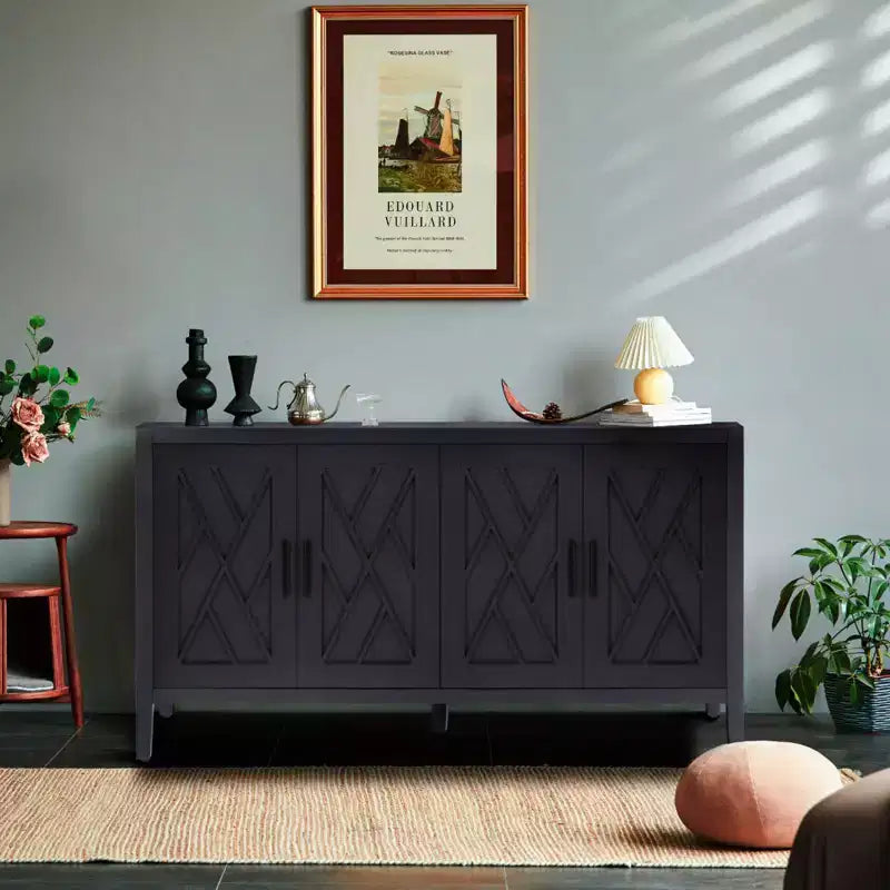 60 Modern Farmhouse Sideboard Buffet, 4-Door Geometric Patterned Accent Storage Cabinet with Adjustable Shelves - Panipeachy