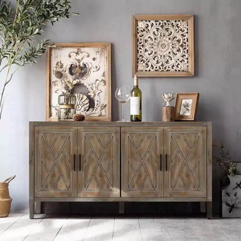 60-Inch Modern Farmhouse Sideboard Buffet, 4-Door Geometric Patterned Accent Storage Cabinet with Adjustable Shelves