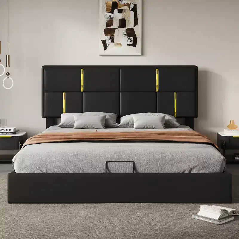 Queen Size PU Leather Upholstered Platform Bed with Hydraulic Storage System, Wooden Bed Frame with Lift Up Storage and Headboard