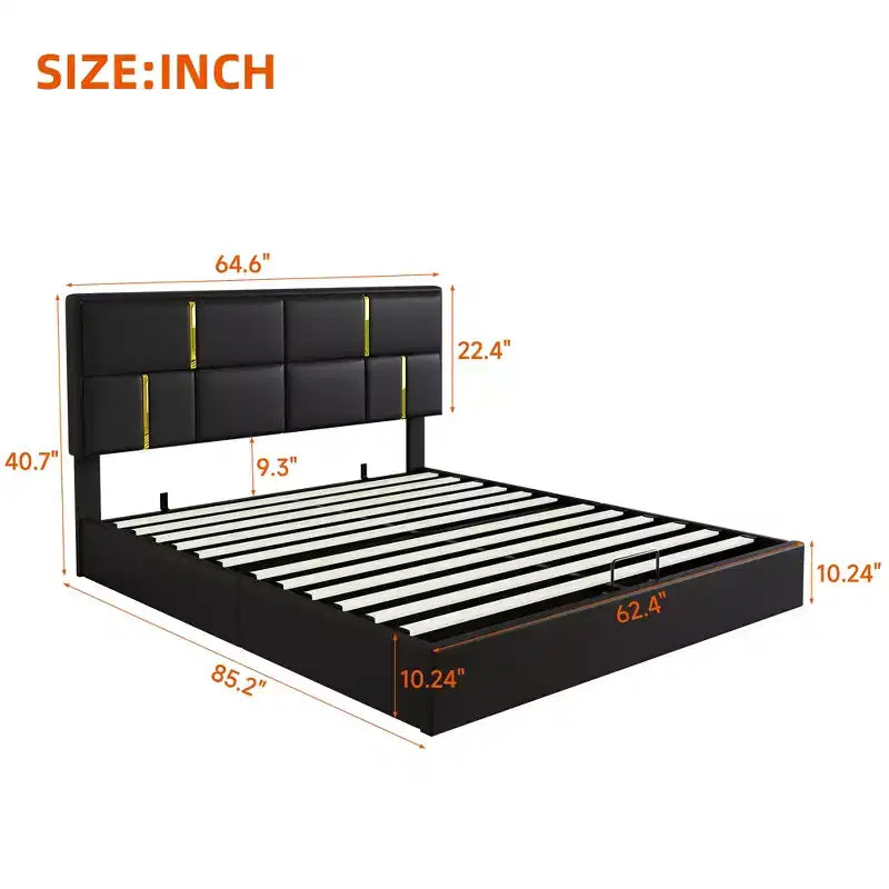 Queen Size PU Leather Upholstered Platform Bed with Hydraulic Storage System, Wooden Bed Frame with Lift Up Storage and Headboard