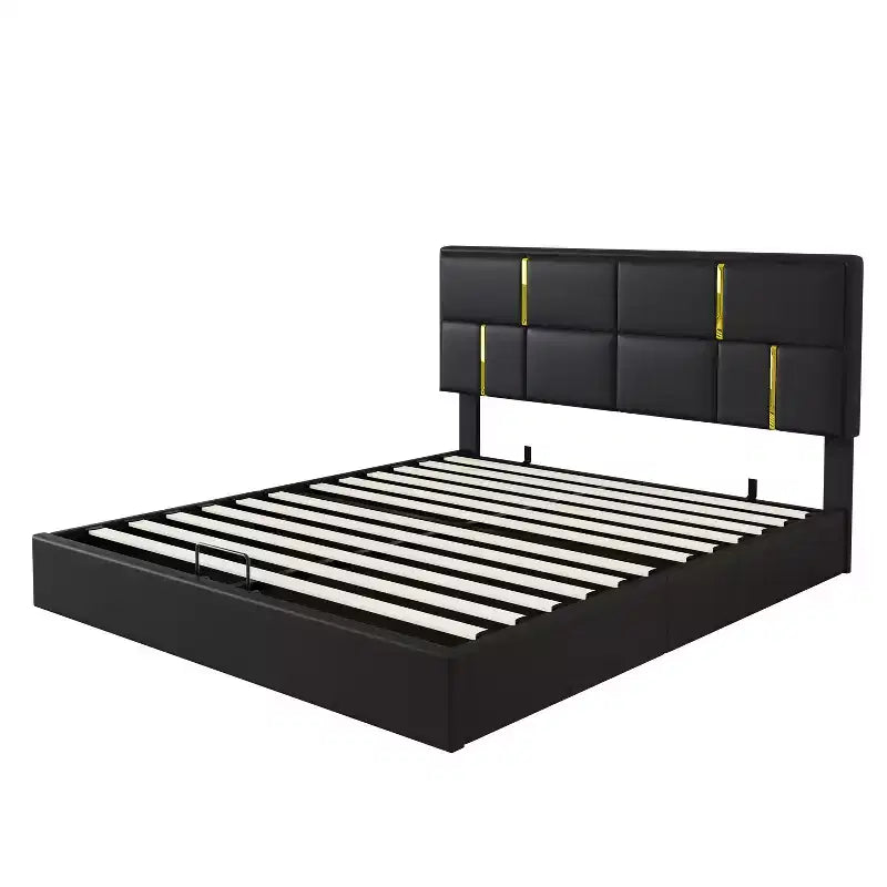 Queen Size PU Leather Upholstered Platform Bed with Hydraulic Storage System, Wooden Bed Frame with Lift Up Storage and Headboard
