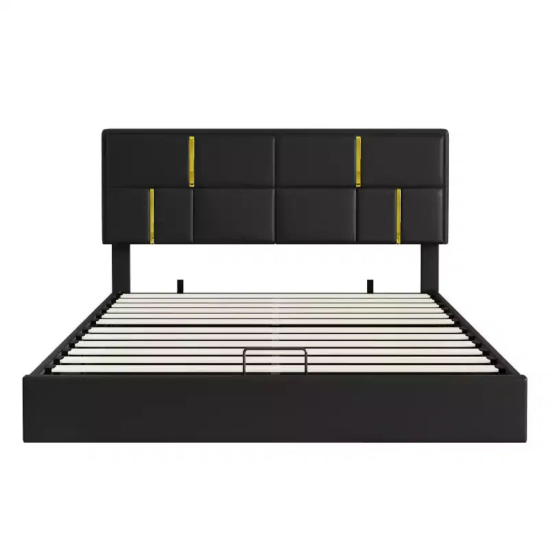 Queen Size PU Leather Upholstered Platform Bed with Hydraulic Storage System, Wooden Bed Frame with Lift Up Storage and Headboard
