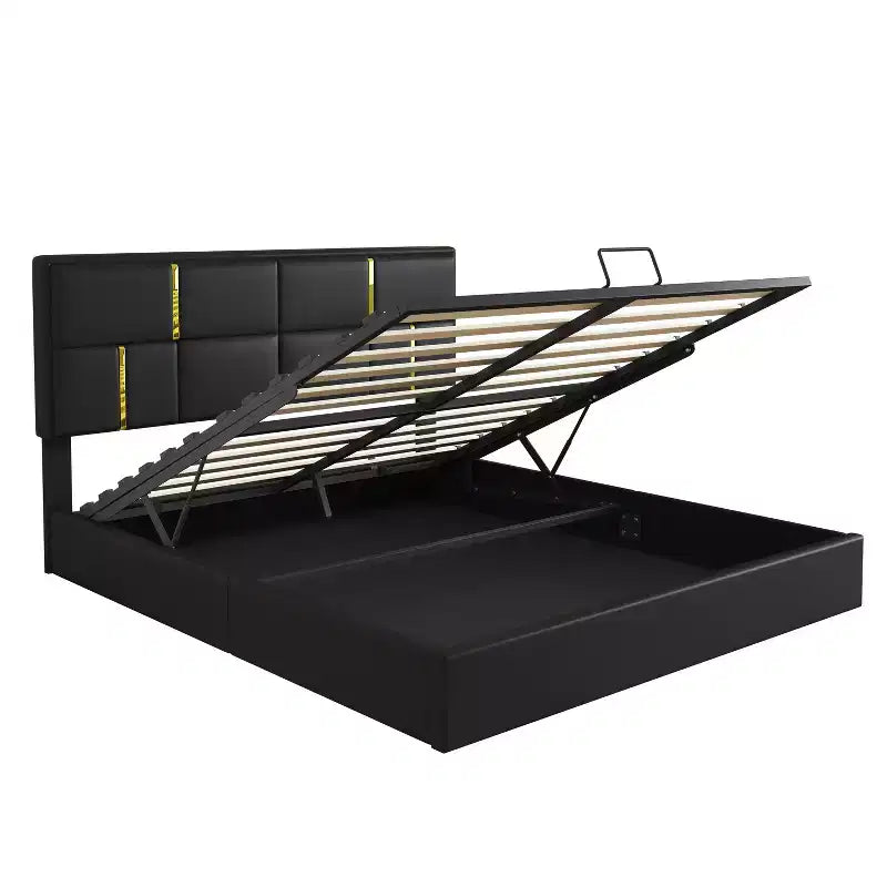 Queen Size PU Leather Upholstered Platform Bed with Hydraulic Storage System, Wooden Bed Frame with Lift Up Storage and Headboard