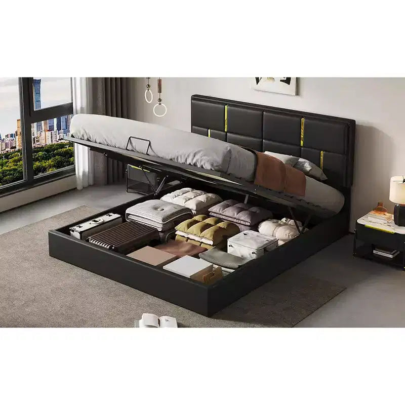 Queen Size PU Leather Upholstered Platform Bed with Hydraulic Storage System, Wooden Bed Frame with Lift Up Storage and Headboard