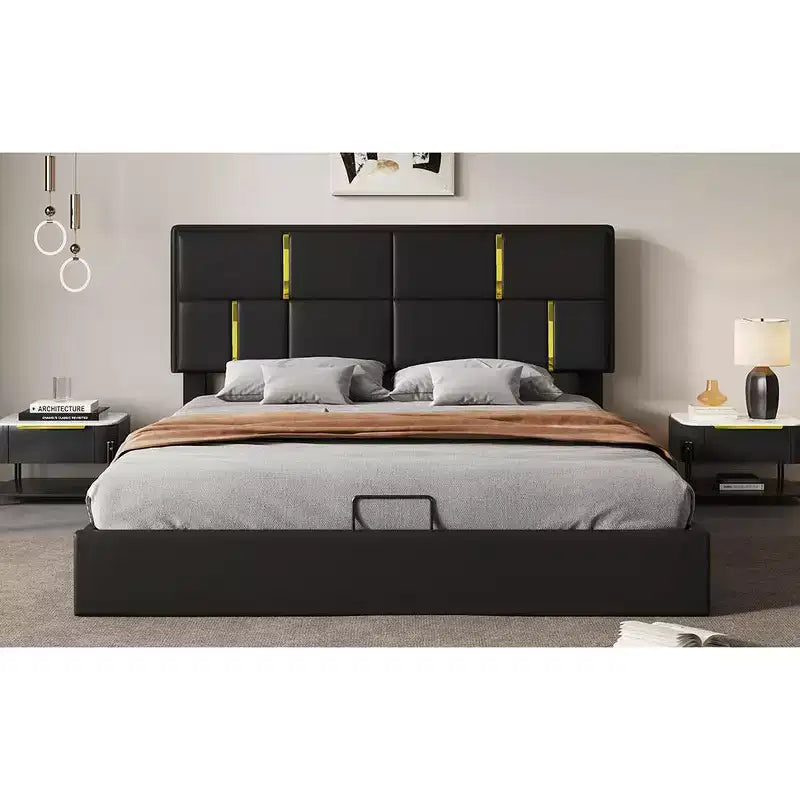 Queen Size PU Leather Upholstered Platform Bed with Hydraulic Storage System, Wooden Bed Frame with Lift Up Storage and Headboard