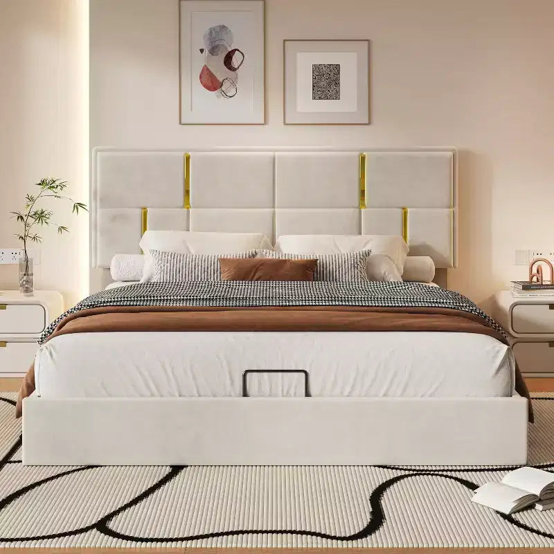 Διπλό Κρεβάτι (Queen Size) με Ταπετσαρία από Δερματίνη και Σύστημα Υδραυλικής Αποθήκευσης, Ξύλινος Σκελετός Κρεβατιού με Ανασηκώμενη Αποθήκευση και Κεφαλάρι