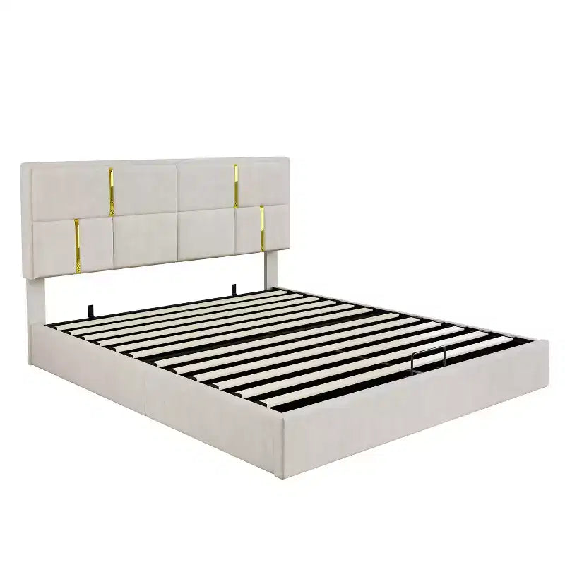 Queen Size PU Leather Upholstered Platform Bed with Hydraulic Storage System, Wooden Bed Frame with Lift Up Storage and Headboard