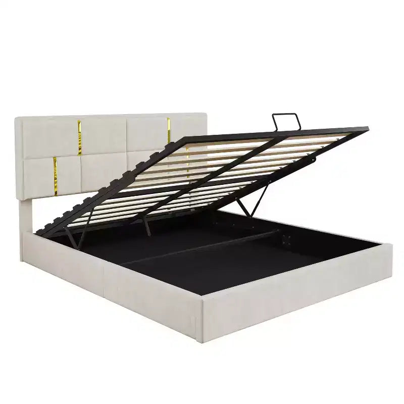 Queen Size PU Leather Upholstered Platform Bed with Hydraulic Storage System, Wooden Bed Frame with Lift Up Storage and Headboard
