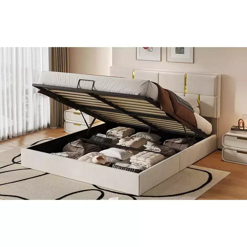 Queen Size PU Leather Upholstered Platform Bed with Hydraulic Storage System, Wooden Bed Frame with Lift Up Storage and Headboard