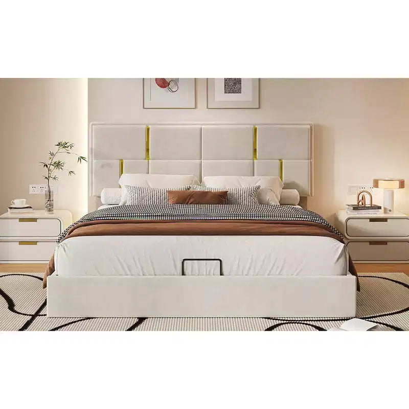 Queen Size PU Leather Upholstered Platform Bed with Hydraulic Storage System, Wooden Bed Frame with Lift Up Storage and Headboard