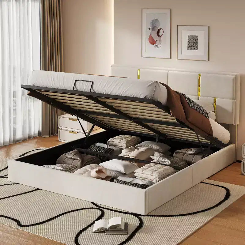 Queen Size PU Leather Upholstered Platform Bed with Hydraulic Storage System, Wooden Bed Frame with Lift Up Storage and Headboard