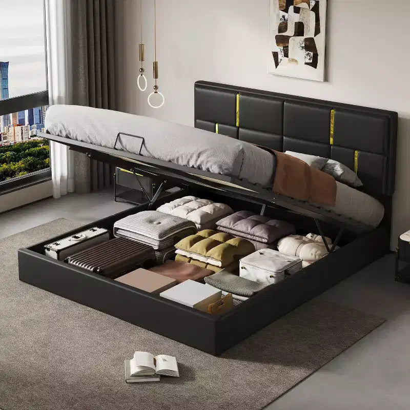 Διπλό Κρεβάτι (Queen Size) με Ταπετσαρία από Δερματίνη και Σύστημα Υδραυλικής Αποθήκευσης, Ξύλινος Σκελετός Κρεβατιού με Ανασηκώμενη Αποθήκευση και Κεφαλάρι