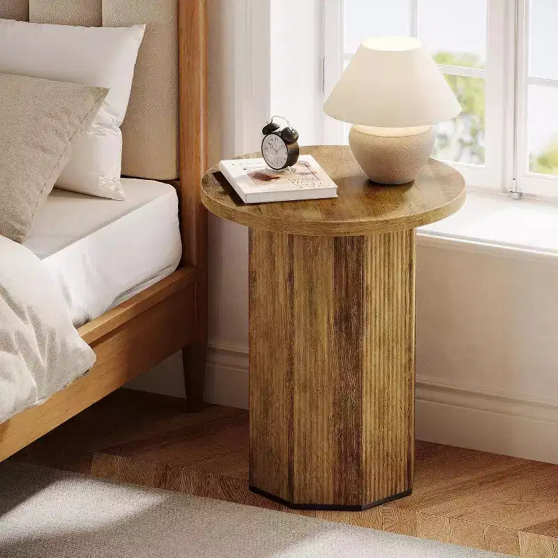 Lantine Round End Table, Farmhouse Pedestal Side Table, Fluted Wooden Nightstand Drink Stand for Living Room, Bedroom (1)