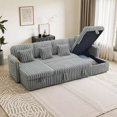 MooxvMoo 124 U-Shaped Sleeper Sofa with Storage,Oversized Convertible Couch Featuring Pull-Out Bed,Adjustable Backrest,USB Ports & Cup Holders,Gray