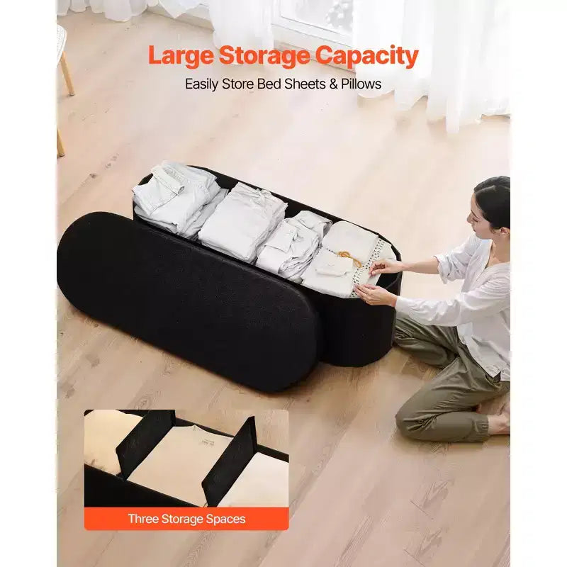 Oval Foldable Storage Ottoman Bench, Teddy Fleece Upholstered End-of-Bed Chest, 660 lbs Capacity, Black