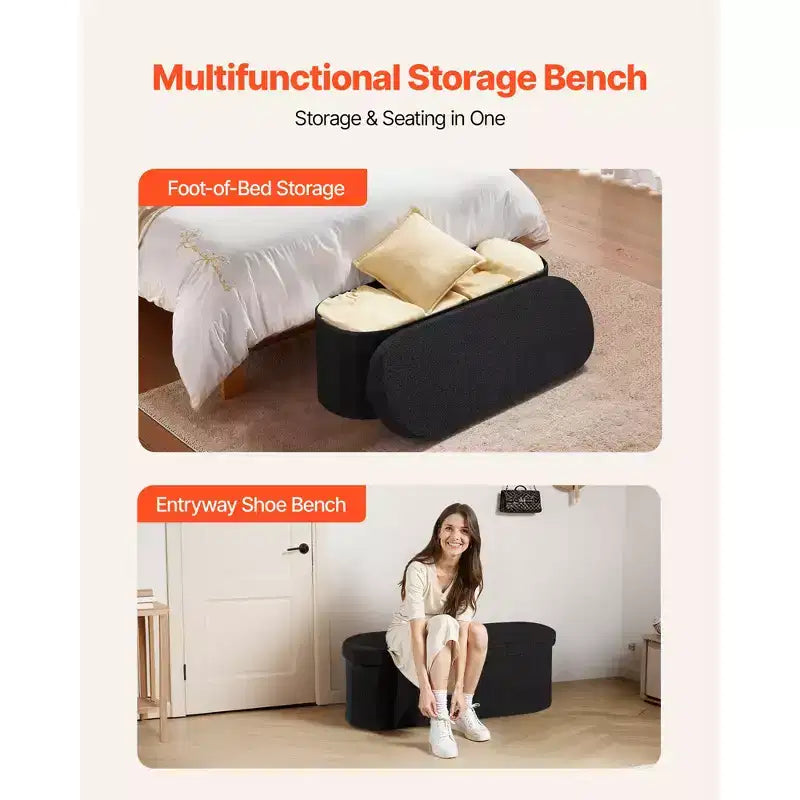 Oval Foldable Storage Ottoman Bench, Teddy Fleece Upholstered End-of-Bed Chest, 660 lbs Capacity, Black
