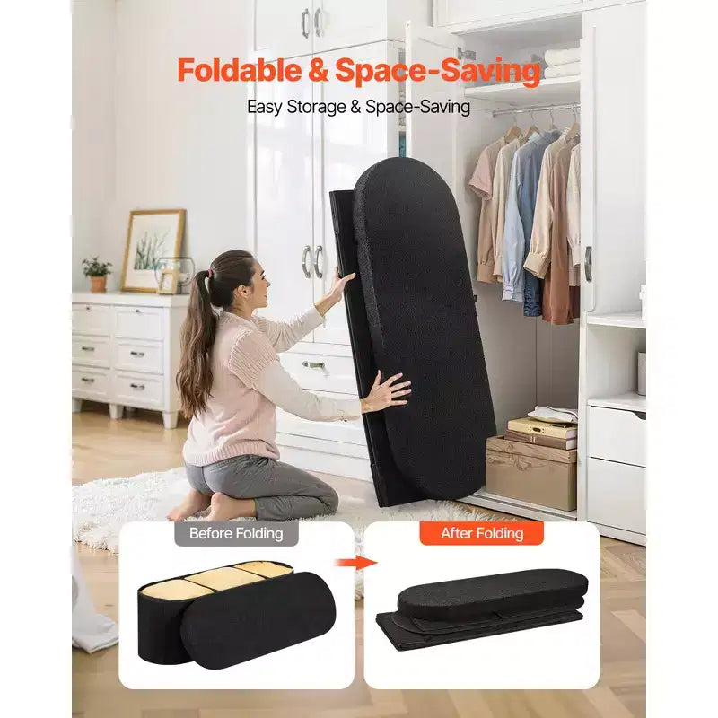 Oval Foldable Storage Ottoman Bench, Teddy Fleece Upholstered End-of-Bed Chest, 660 lbs Capacity, Black