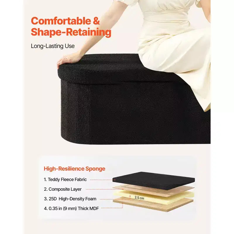 Oval Foldable Storage Ottoman Bench, Teddy Fleece Upholstered End-of-Bed Chest, 660 lbs Capacity, Black