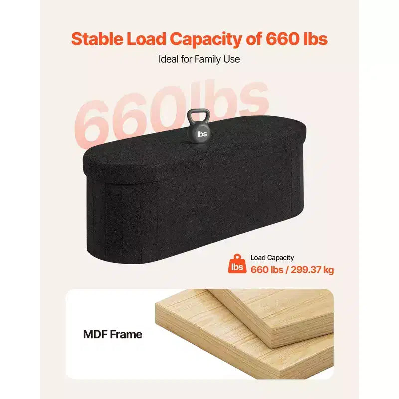 Oval Foldable Storage Ottoman Bench, Teddy Fleece Upholstered End-of-Bed Chest, 660 lbs Capacity, Black