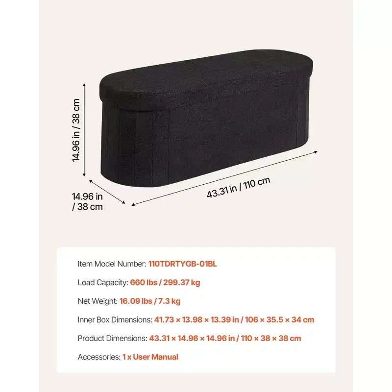 Oval Foldable Storage Ottoman Bench, Teddy Fleece Upholstered End-of-Bed Chest, 660 lbs Capacity, Black