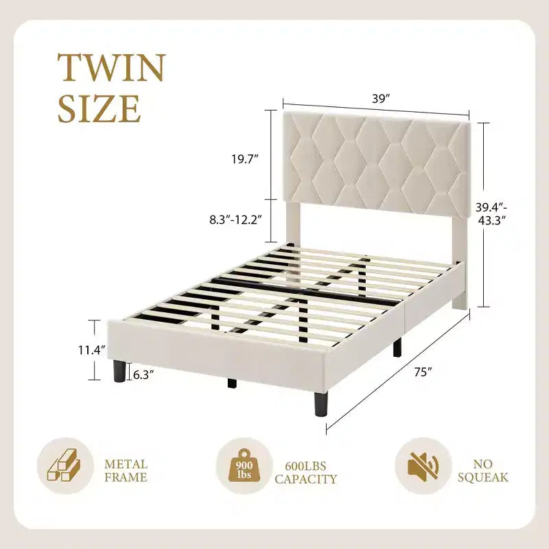 Upholstered Platform Bed  Adjustable Headboard, Wooden Slats, No Box Spring Needed, Choose Size & Color