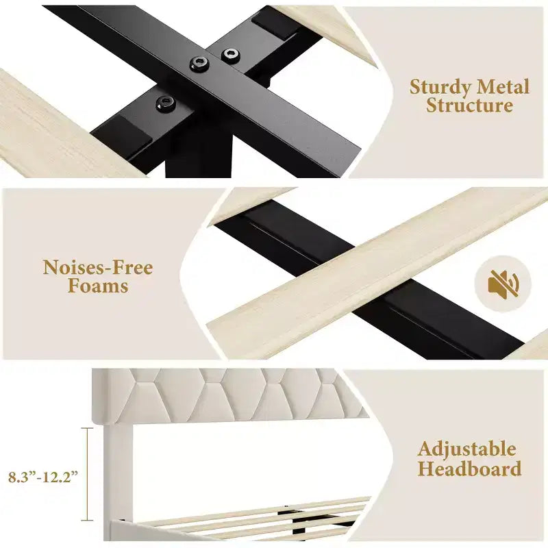Upholstered Platform Bed  Adjustable Headboard, Wooden Slats, No Box Spring Needed, Choose Size & Color