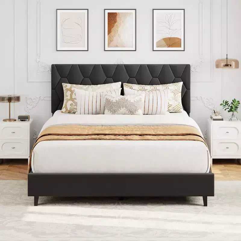 Upholstered Platform Bed  Adjustable Headboard, Wooden Slats, No Box Spring Needed, Choose Size & Color