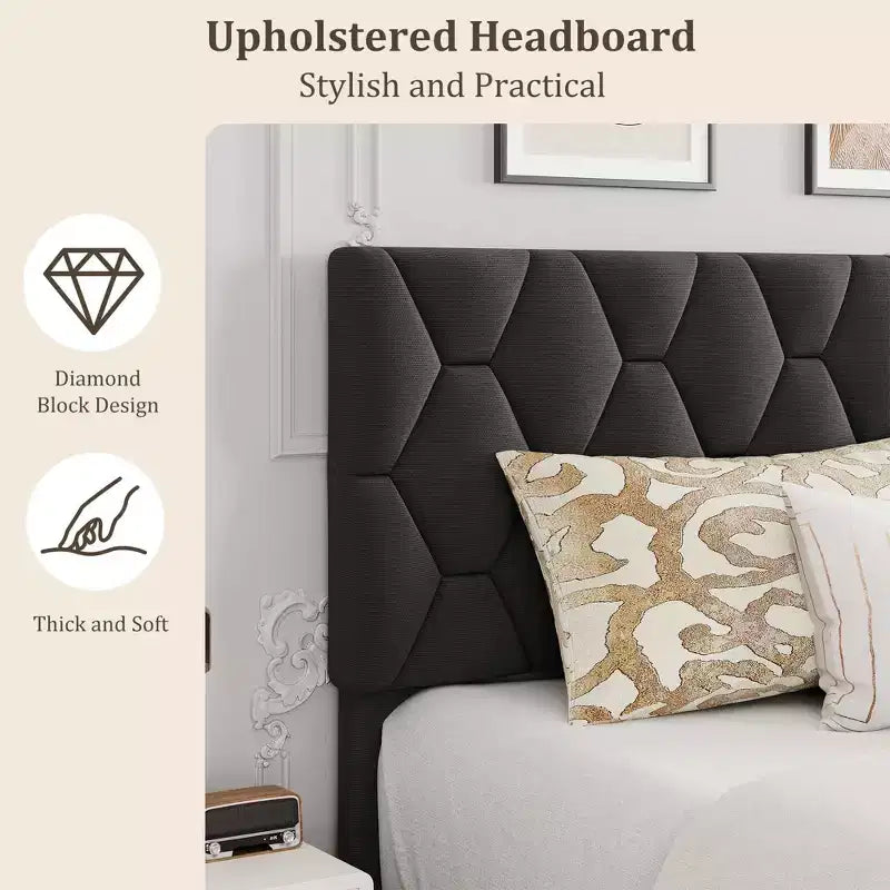 Upholstered Platform Bed  Adjustable Headboard, Wooden Slats, No Box Spring Needed, Choose Size & Color